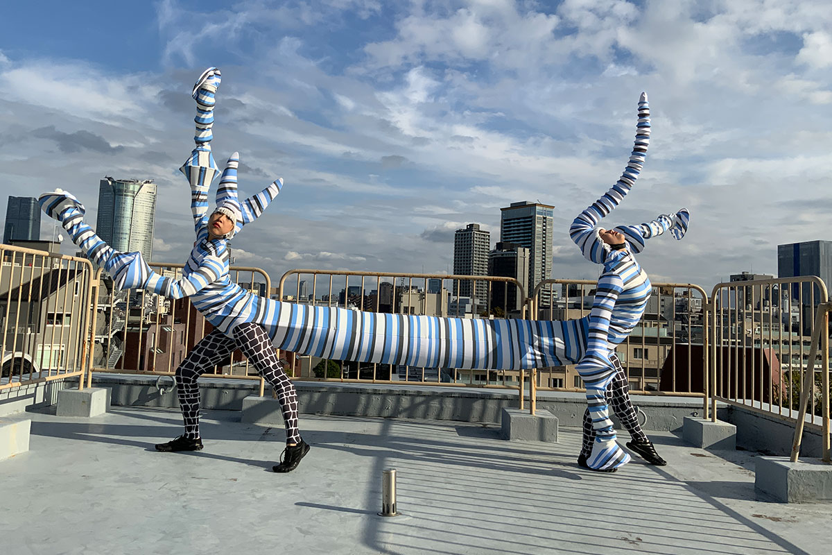 『Are You ALICE?』作品イメージ。青と白の衣装を身につけた人物2名が屋上でポーズをとっている